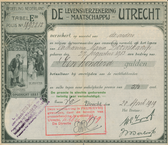 712760 Polis van een levensverzekering, uitgegeven door ‘De Levensverzekering Maatschappij Utrecht’, op naam van ...